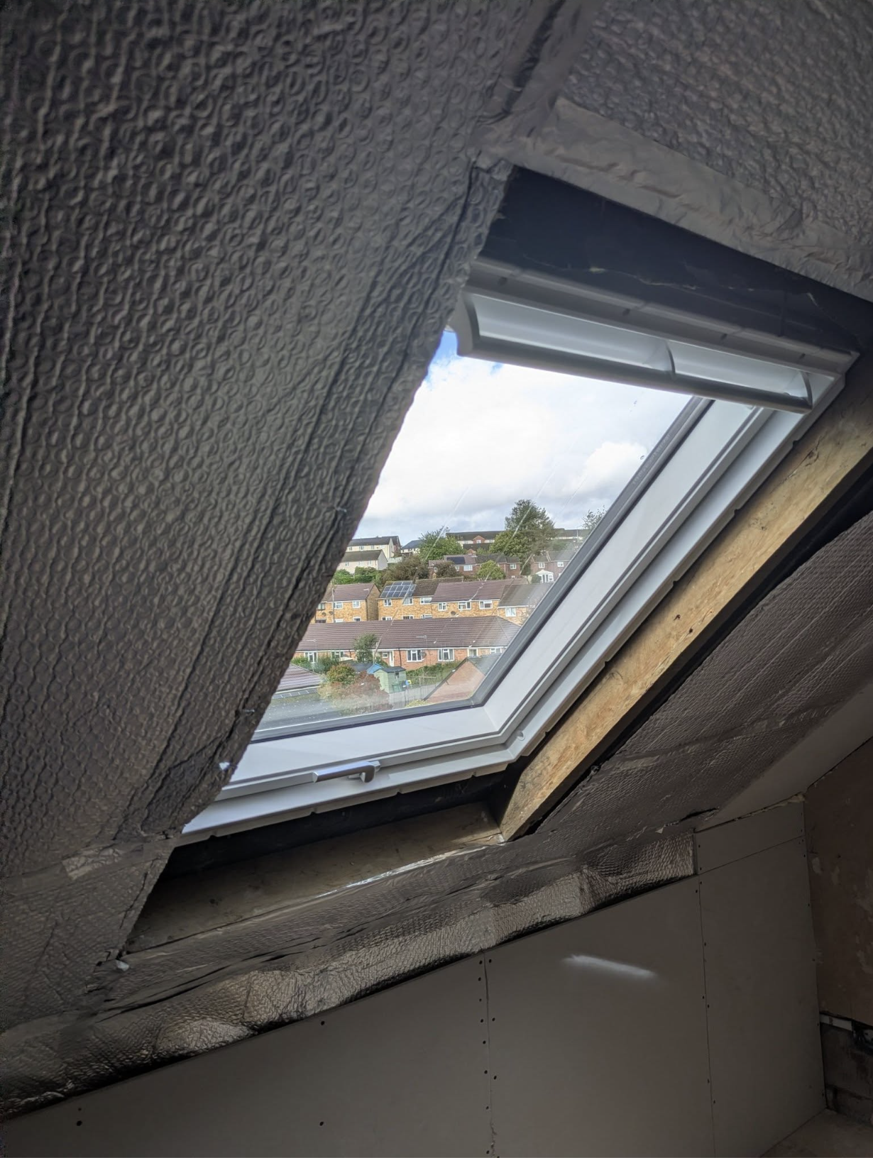 A newly installed Velux roof window