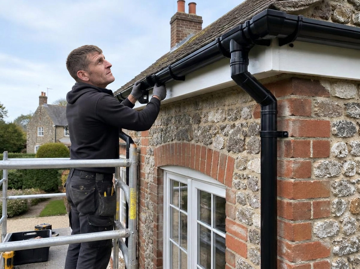 Shay fitting new guttering and downpipe to a stone house